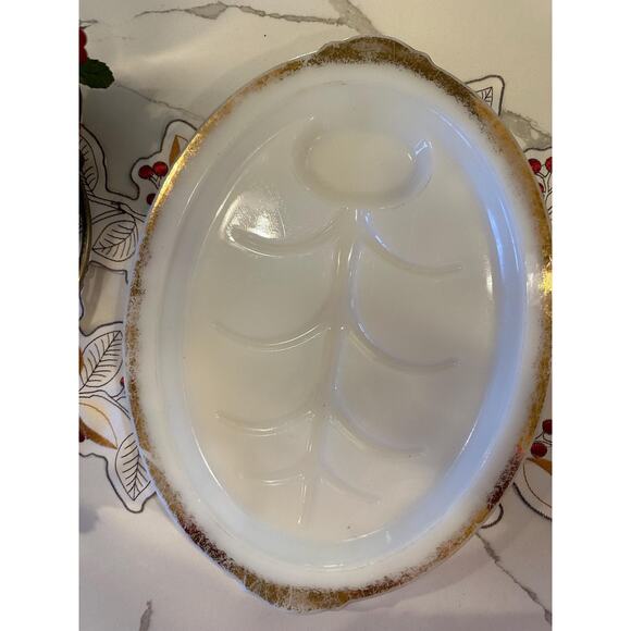 Fire King Tree of Life Meat Platter milk glass with gold edge rim 11x15 - Picture 4 of 9